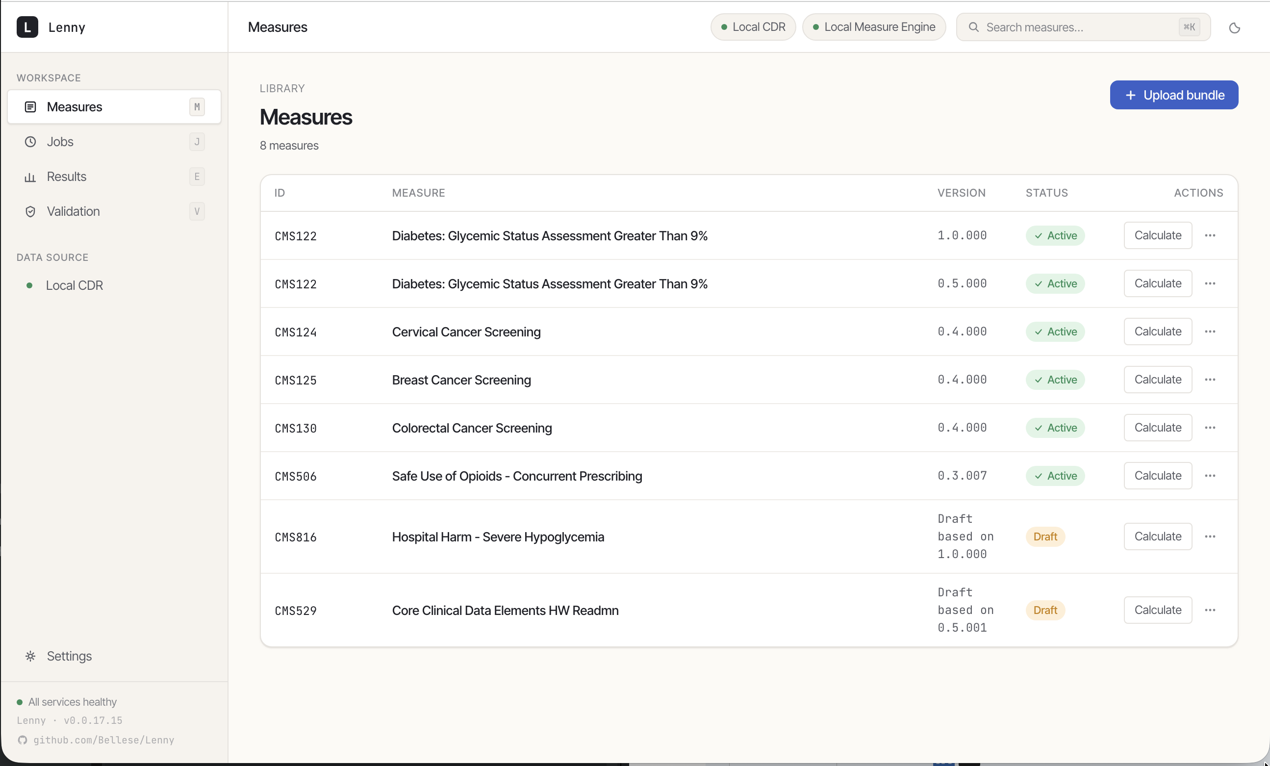 Lenny measures library showing eight measures with status and per-row Calculate actions