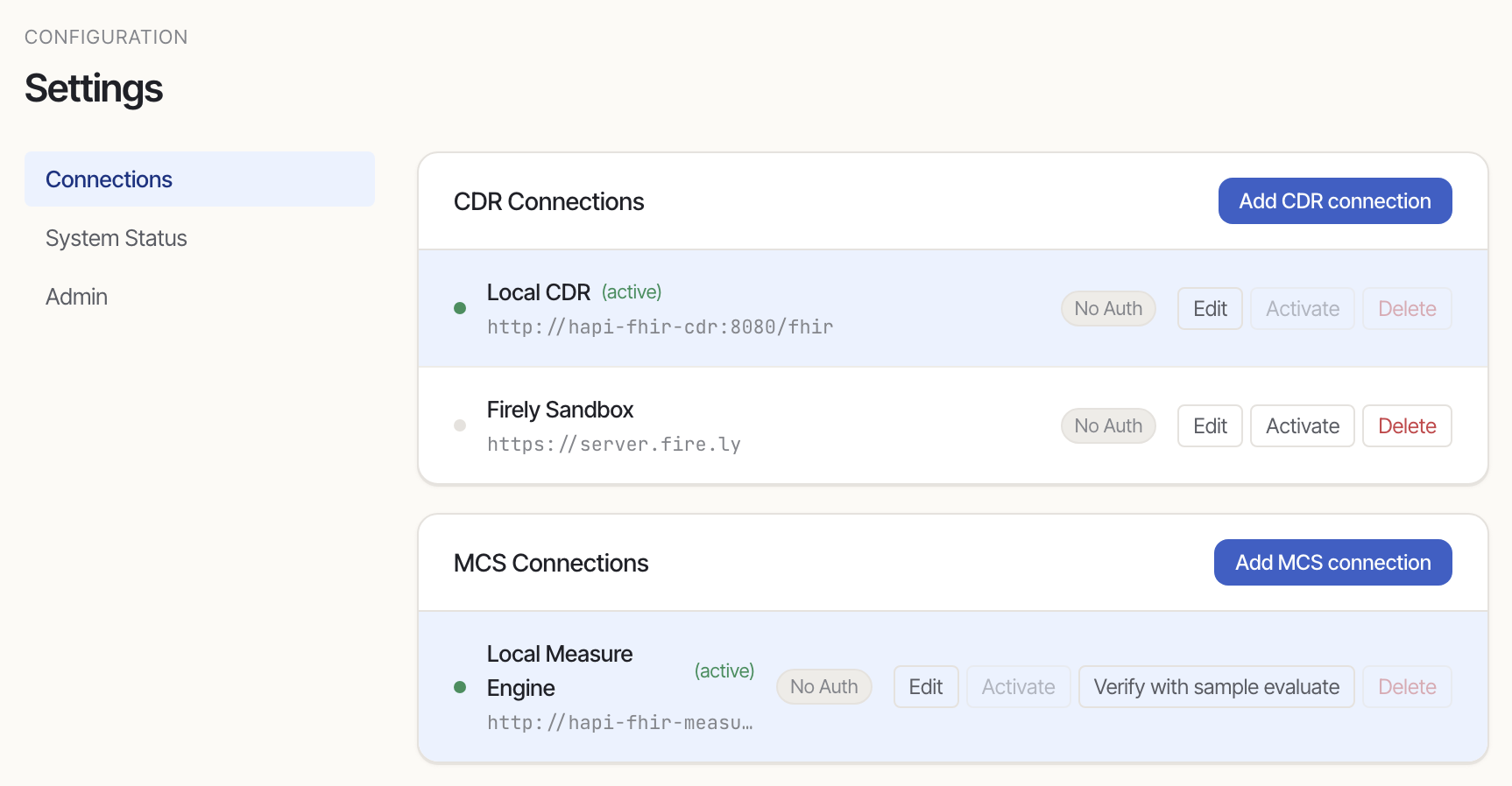 Settings panel with CDR and MCS connections, active flags, and verify actions